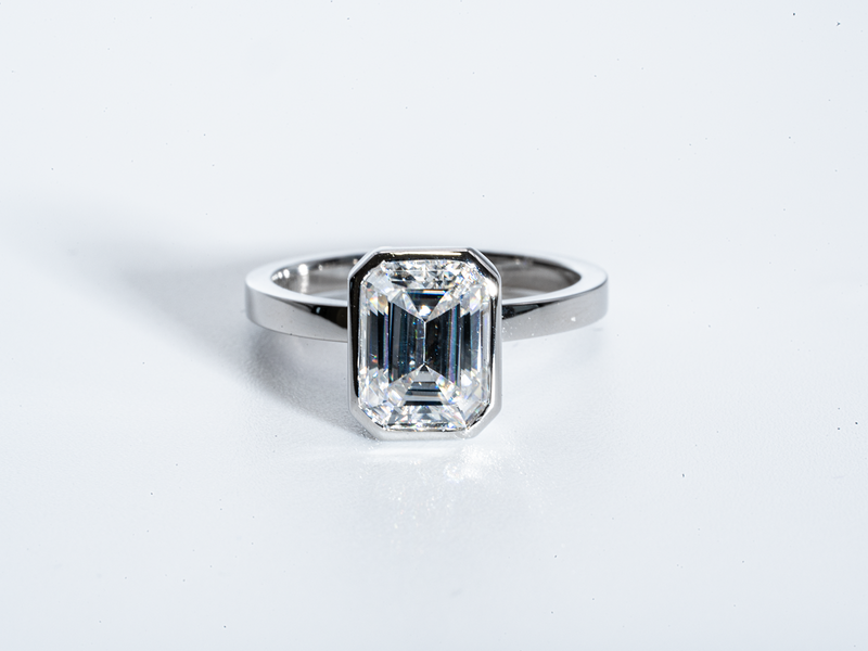 2 Carat Emerald Cut Moissanite Bezel Solitaire Engagement Ring