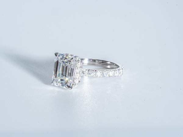 3 Carat Emerald Cut Moissanite Double Hidden Halo Engagement Ring