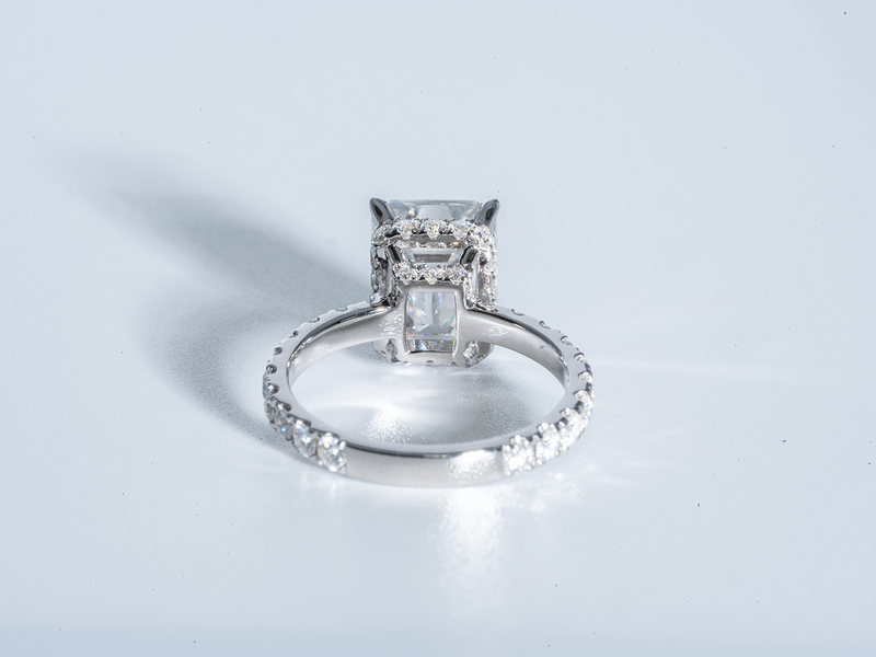 3 Carat Emerald Cut Moissanite Double Hidden Halo Engagement Ring