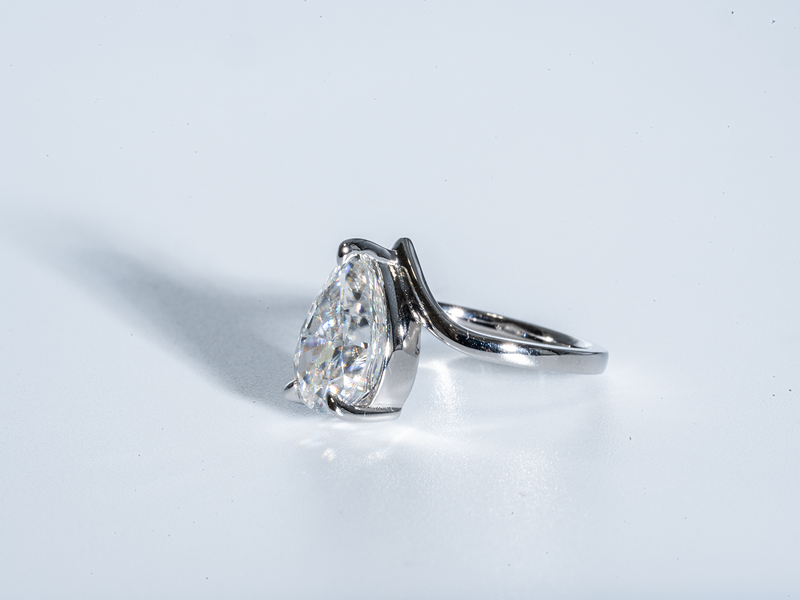 2.5 Carat Crushed Ice Pear V Shaped Solitaire Moissanite Engagement Ring