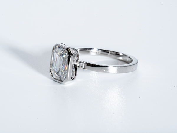 2 Carat Emerald Cut Moissanite Bezel Solitaire Engagement Ring