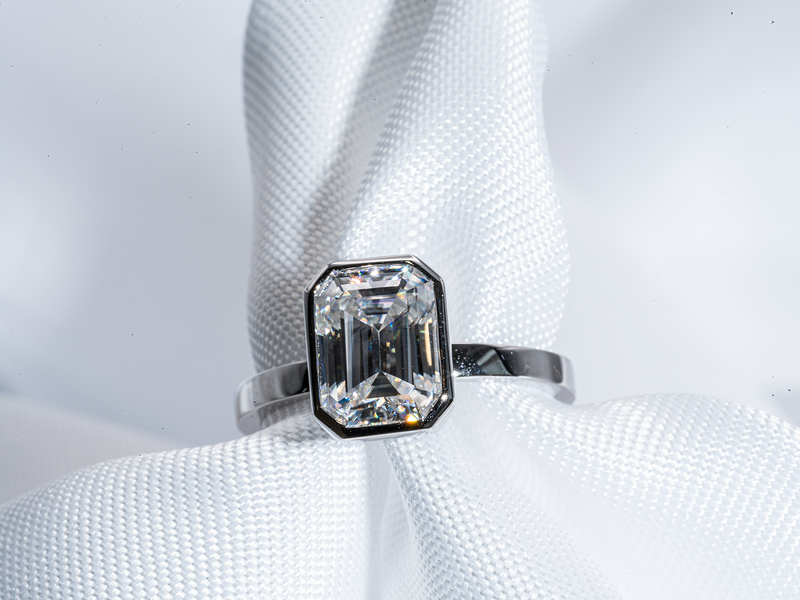 2 Carat Emerald Cut Moissanite Bezel Solitaire Engagement Ring