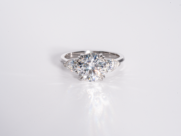 3 Carat Round with Pear Shaped Side-Stone Moissanite Engagement Ring