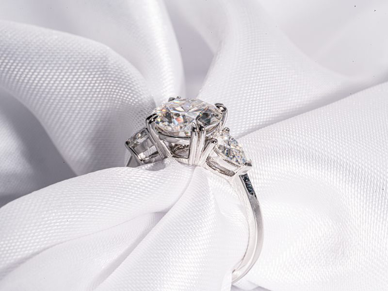 3 Carat Round with Pear Shaped Side-Stone Moissanite Engagement Ring