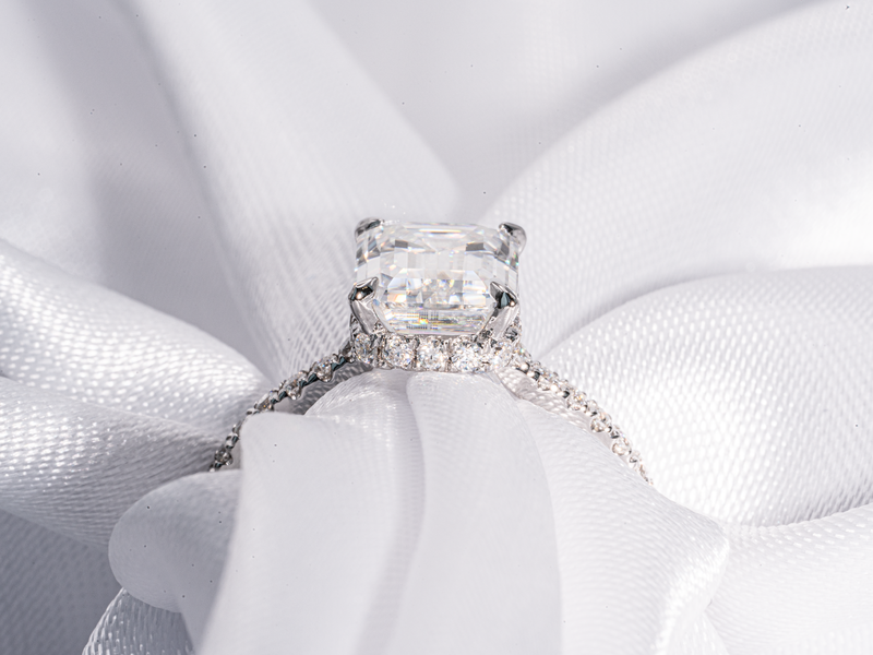 3 Carat Emerald Cut Hidden Halo Moissanite Engagement Ring