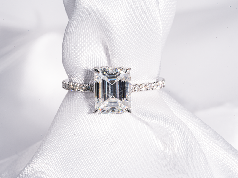 3 Carat Emerald Cut Hidden Halo Moissanite Engagement Ring