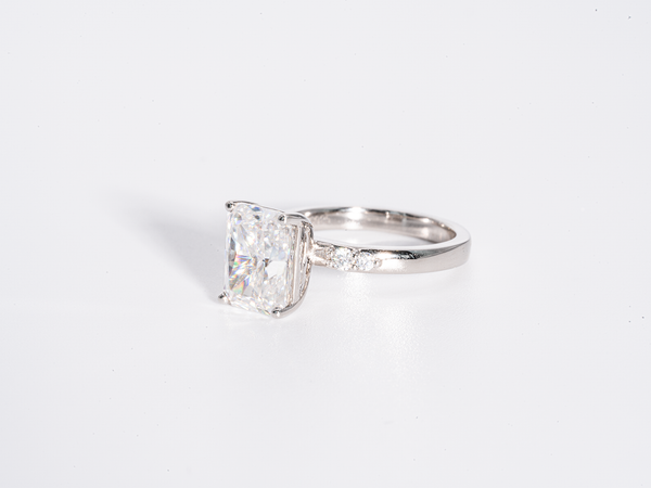 3 Carat Radiant Cut Crushed Ice Solitaire with Side Stone Moissanite Engagement Ring