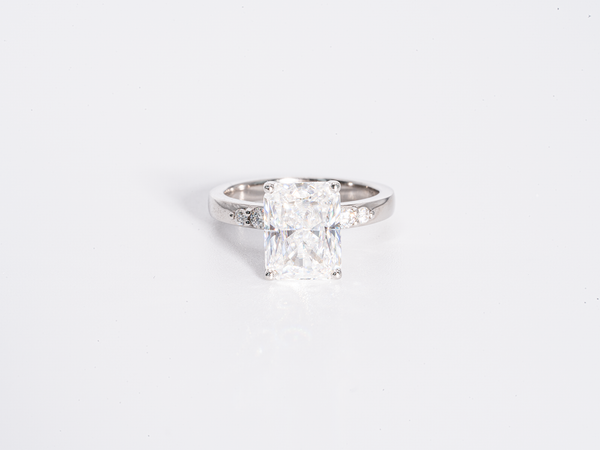 3 Carat Radiant Cut Crushed Ice Solitaire with Side Stone Moissanite Engagement Ring