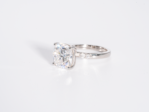 4.5 Carat Cushion 4 Prong Solitaire with Side stone Moissanite Engagement Ring